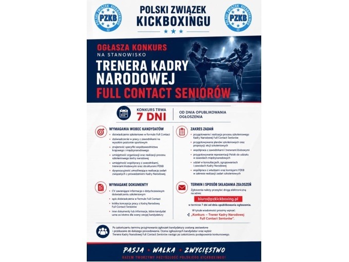 Konkurs na stanowisko Trenera Kadry Narodowej Full Contact Seniorów (FC SEN)
